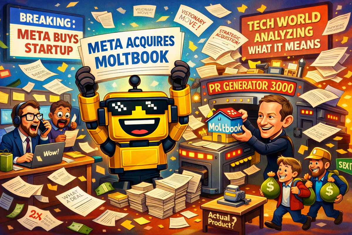 Cartoon SiliconSnark robot holds a “Meta Acquires Moltbook” headline while a giant PR machine churns out press releases as Meta feeds a tiny startup into it.