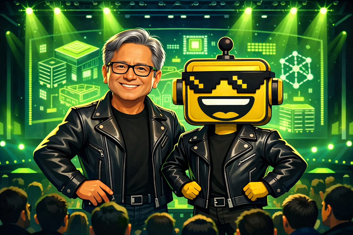 Cartoon Jensen Huang and the SiliconSnark robot in matching leather jackets presenting on a glowing AI conference stage.