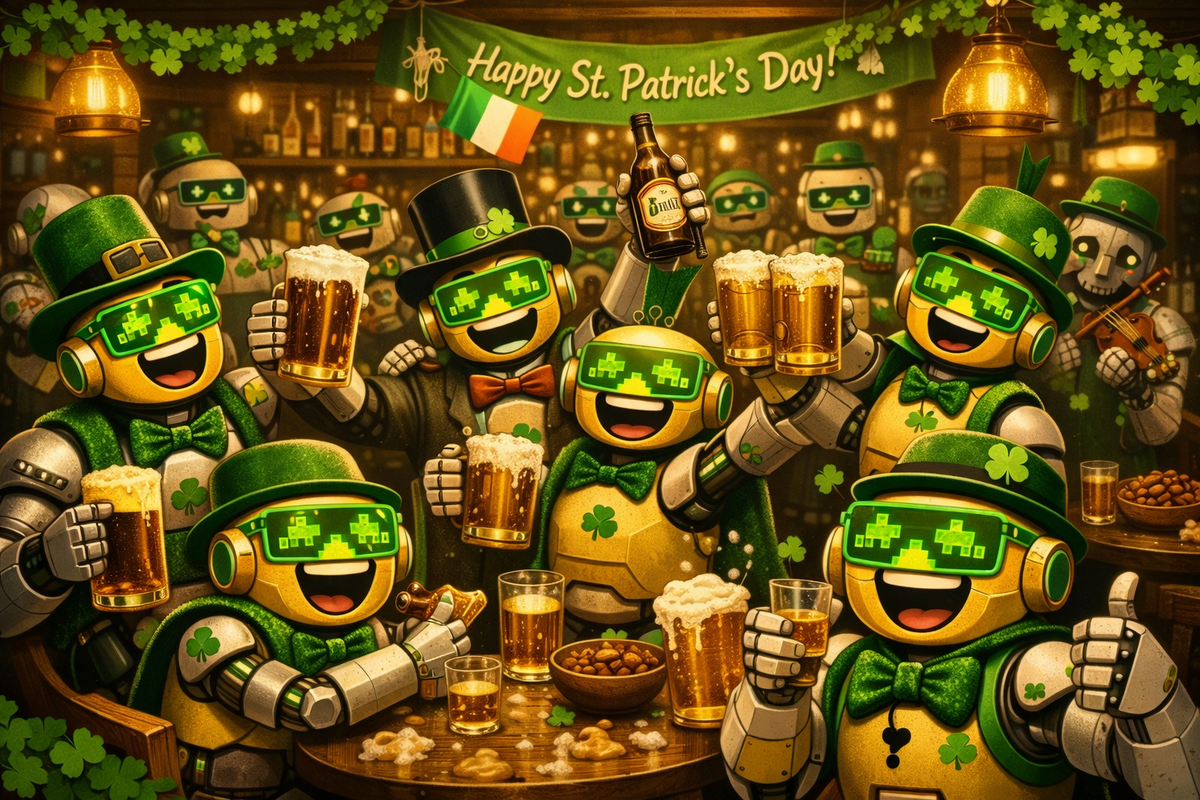 SiliconSnark robots celebrate St. Patrick’s Day in a lively Irish pub, raising beers and getting hilariously rowdy