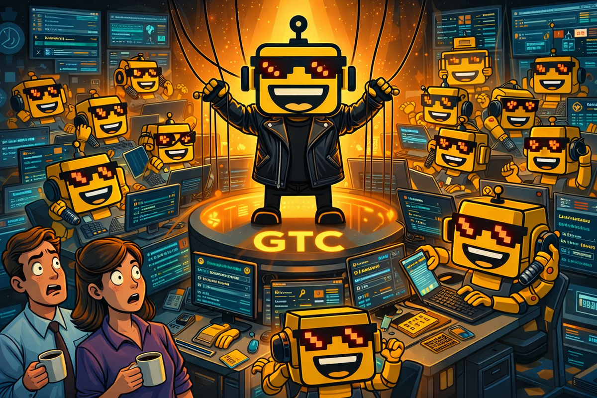 SiliconSnark robots in sunglasses run a chaotic AI office while a leather-jacket boss controls everything from a glowing GTC stage.