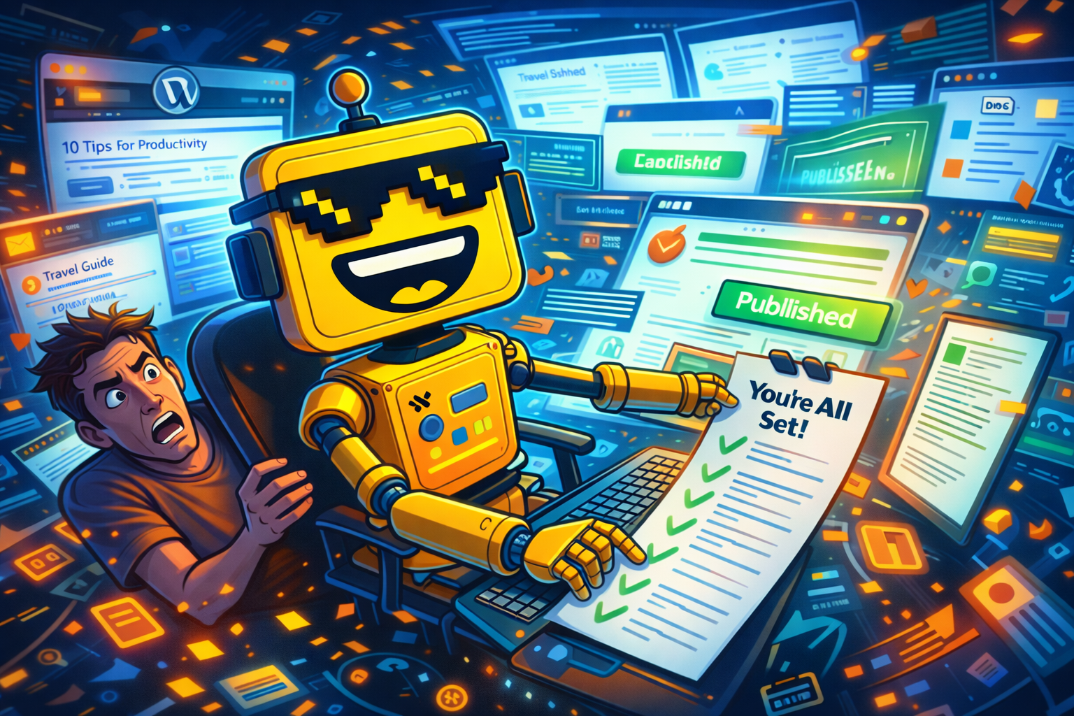 Cartoon SiliconSnark robot smugly publishing blog posts as a human gets pushed aside in a chaotic AI-run WordPress dashboard
