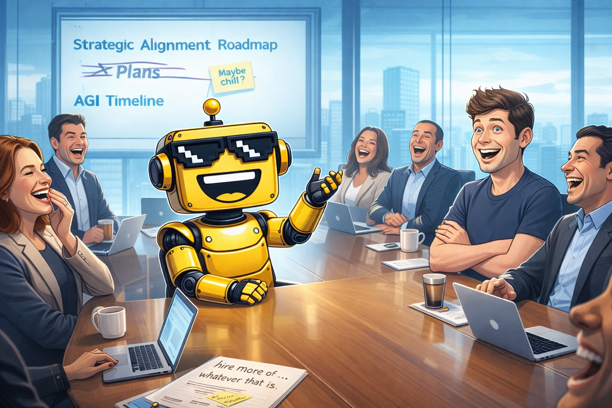 SiliconSnark robot cracks a joke in a boardroom, leaving executives and Sam Altman laughing around the table