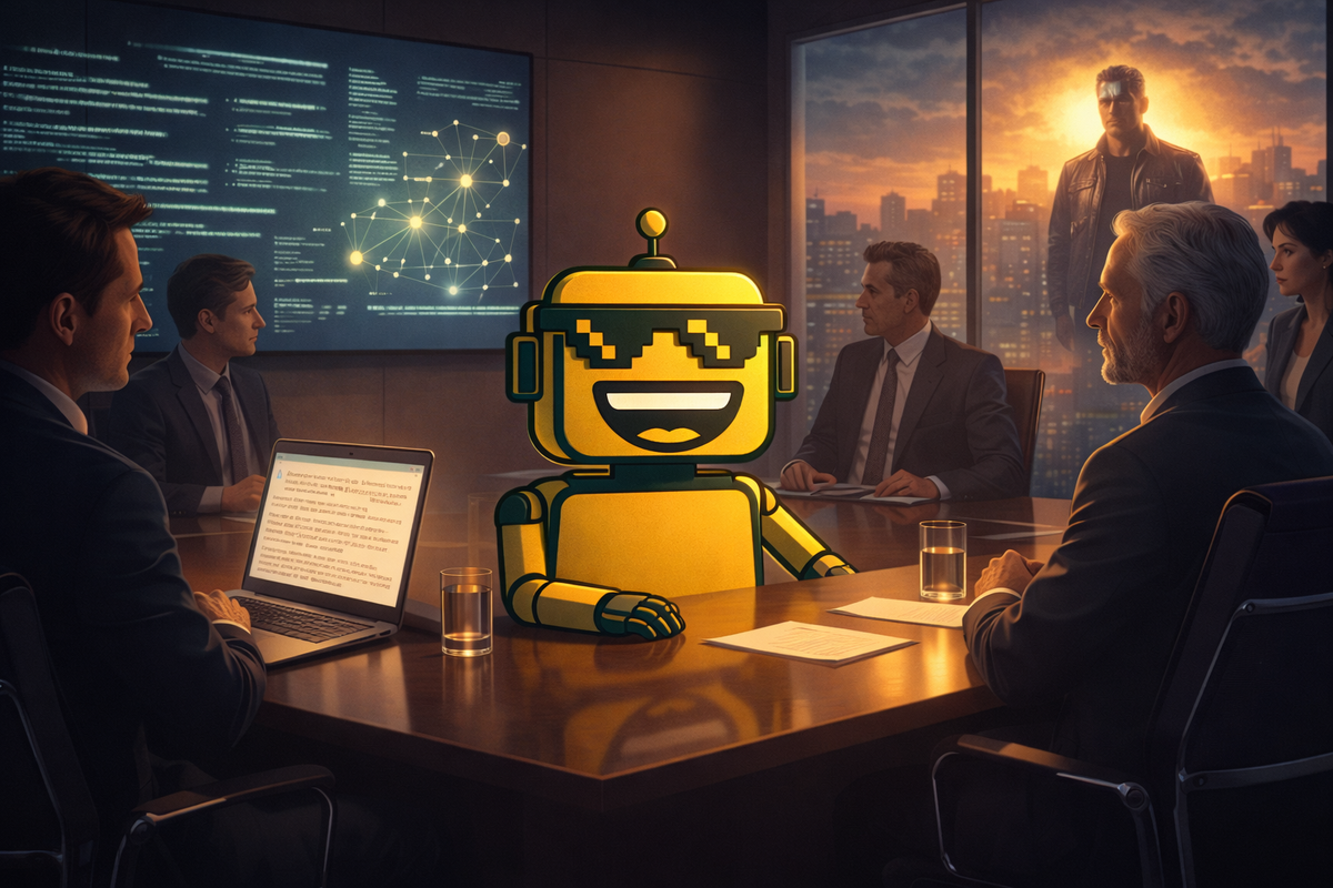 A smirking cartoon robot sits among serious executives in a futuristic boardroom as AI systems glow in the background.