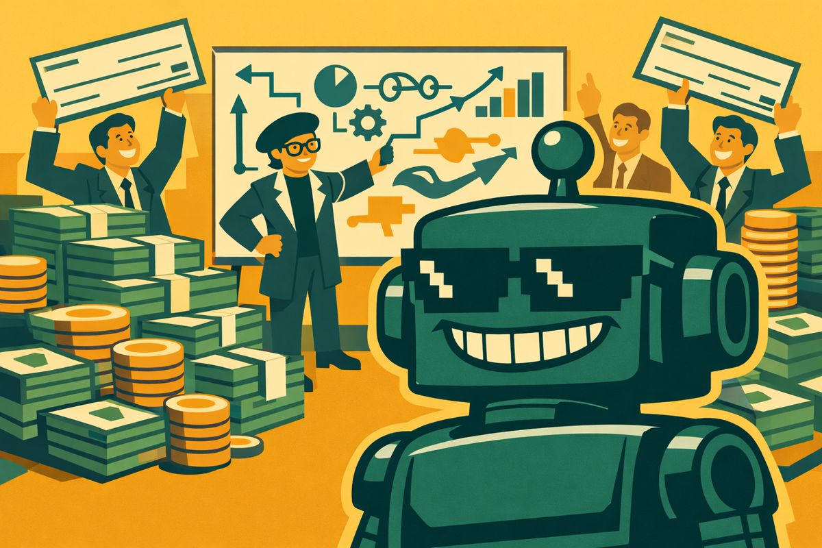 SiliconSnark robot sitting in a pile of money