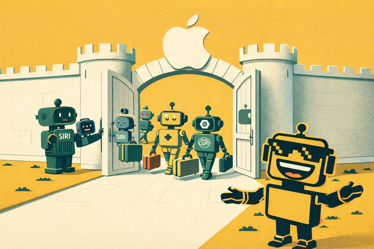 The SiliconSnark robot watches gleefully as a parade of rival AI robots marches through Apple's open walled garden gate, with a sheepish Siri robot holding the door.