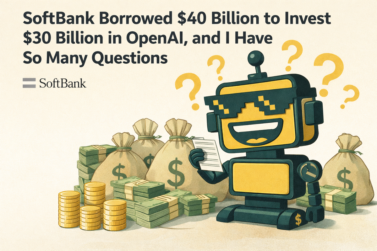Cartoon SiliconSnark robot grinning amid piles of cash and question marks, reacting to SoftBank’s confusing multi-billion-dollar OpenAI investment.