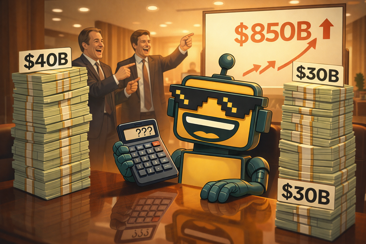 The SiliconSnark robot holds a calculator reading "???" at a boardroom table.