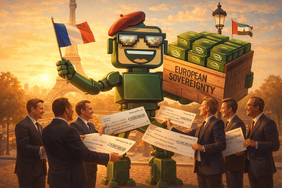 The SiliconSnark robot poses in front of the Eiffel Tower wearing a beret, holding French flags and a crate of Nvidia GPUs.