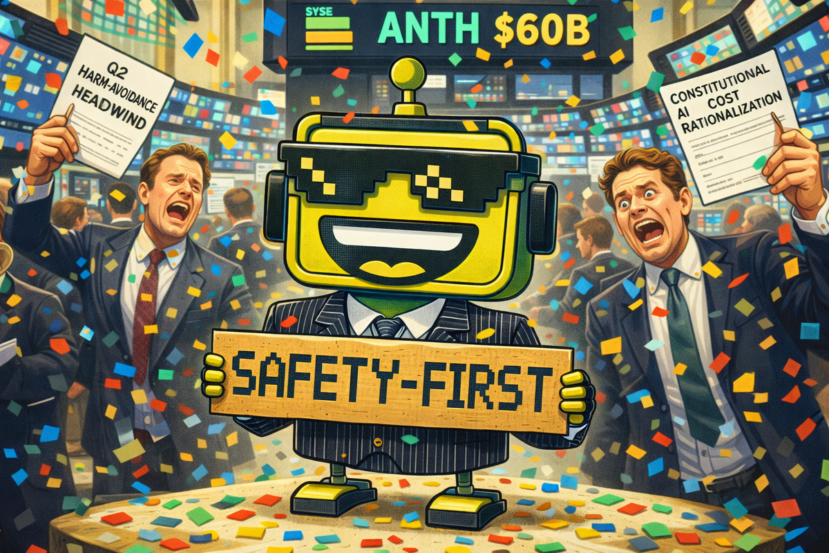 The SiliconSnark robot on the NYSE floor in a tiny suit, holding a "SAFETY-FIRST" sign while confetti and panicked traders surround it.