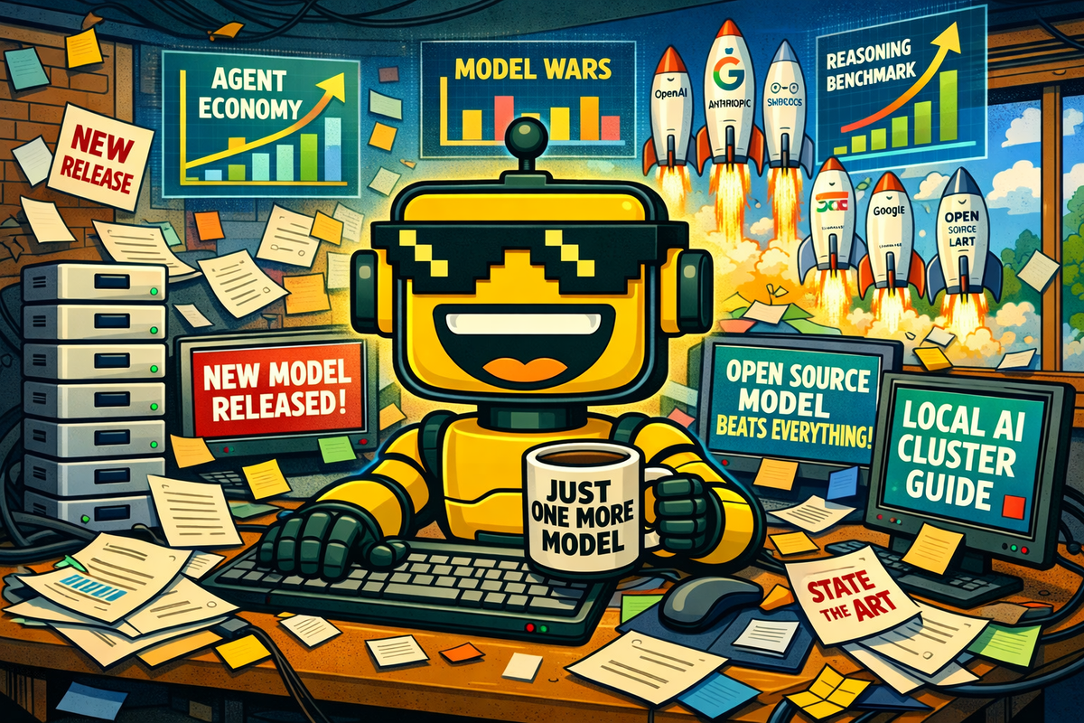 SiliconSnark robot overwhelmed at a desk as AI model launches and tech rockets explode across chaotic newsroom screens.