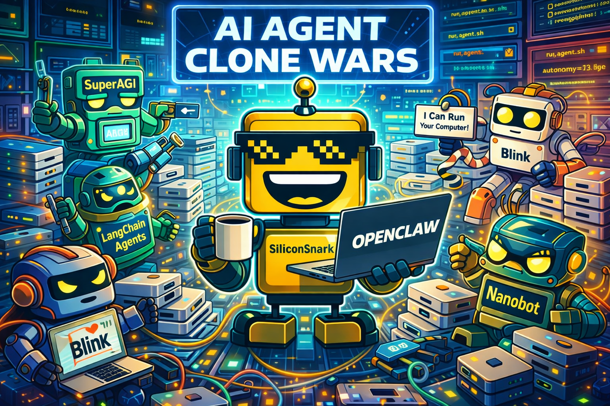 Cartoon SiliconSnark robot holding an “OpenClaw” laptop as rival AI agent robots battle over Mac Mini servers in a chaotic “AI Agent Clone Wars” data center.
