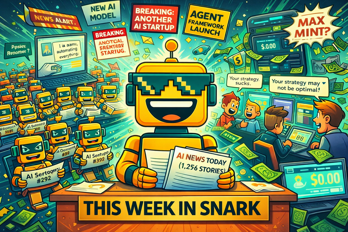 Cartoon SiliconSnark robot hosting a chaotic “This Week in Snark” tech news desk surrounded by AI agents, Roblox gamers, flying headlines, and Mac Mini money illusions.