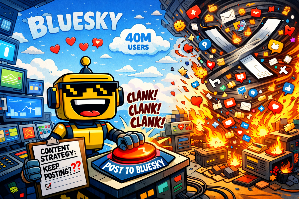 Cartoon SiliconSnark robot repeatedly smashing a “Post to Bluesky” button while a chaotic tornado of posts rages on X and only a few lonely likes float in the Bluesky sky.
