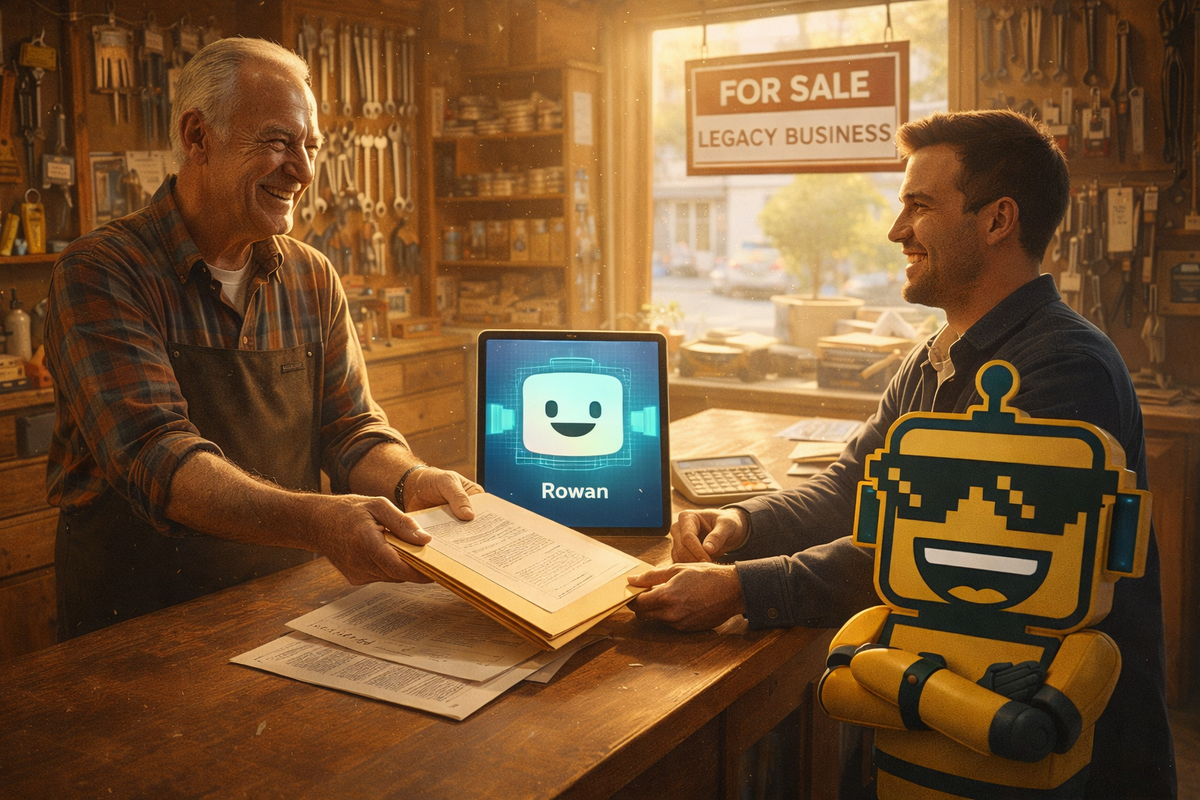 The SiliconSnark robot mascot stands in a warmly lit small-town hardware store, grinning approvingly as an older business owner hands succession documents