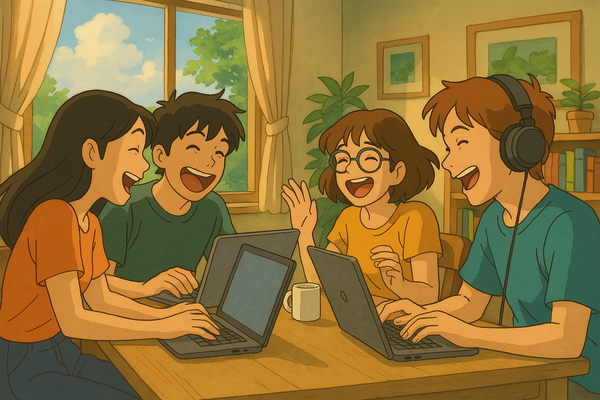 Friends vibe coding together at a table 