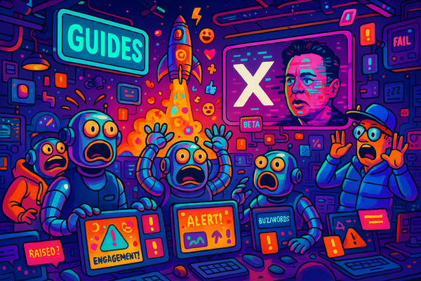 A surreal, futuristic control room mid-launch, the room is filled with cartoonish, chrome startup bros and robots.