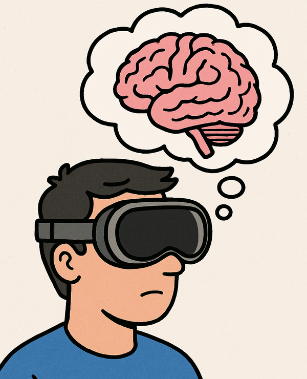 Guy wearing apple vision pro VR goggles, with thought bubble of brain 