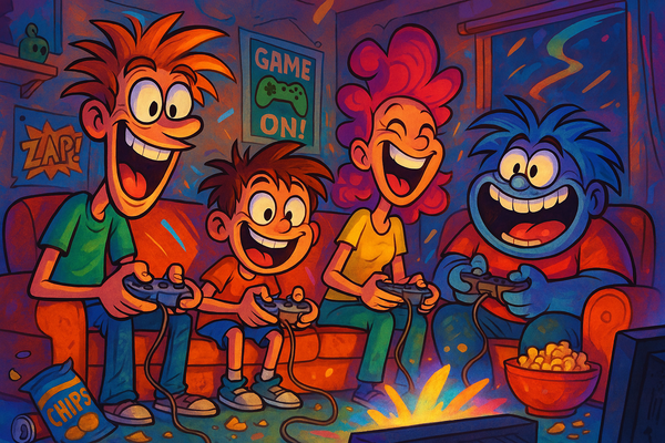 quirky characters playing video games together, complete with colorful lights and a fun, chaotic atmosphere