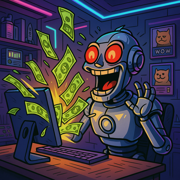 A robot sitting at a computer with money flying out of the coputer screen into the rbotos face
