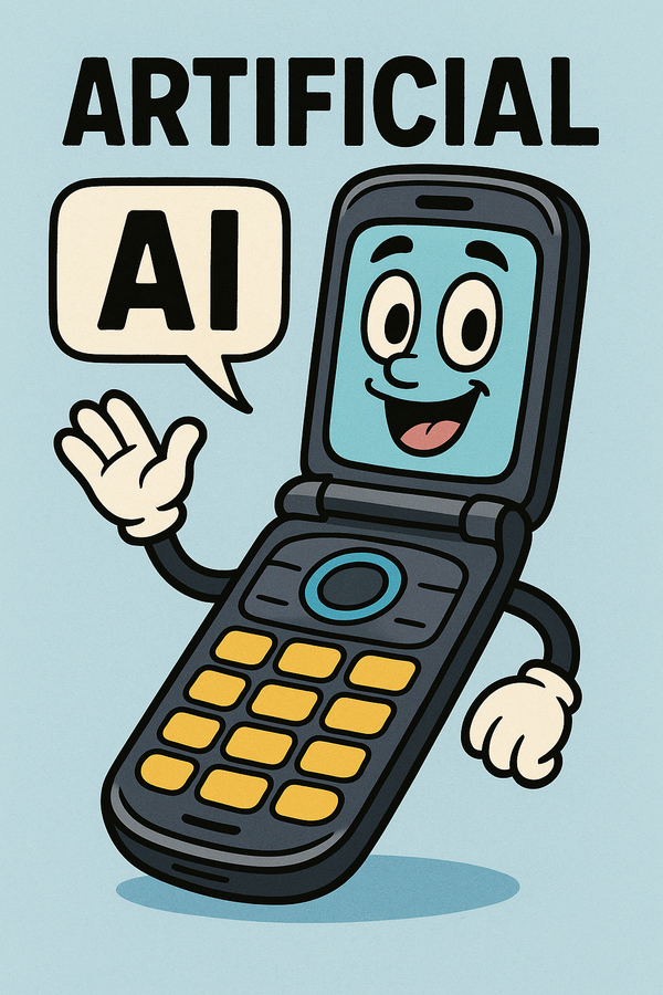 Cartoon image of a flip phone waving 