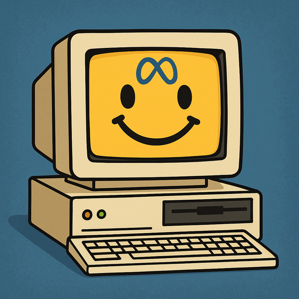 an old school desktop computer with a big smile on its face and the meta logo on its forehead
