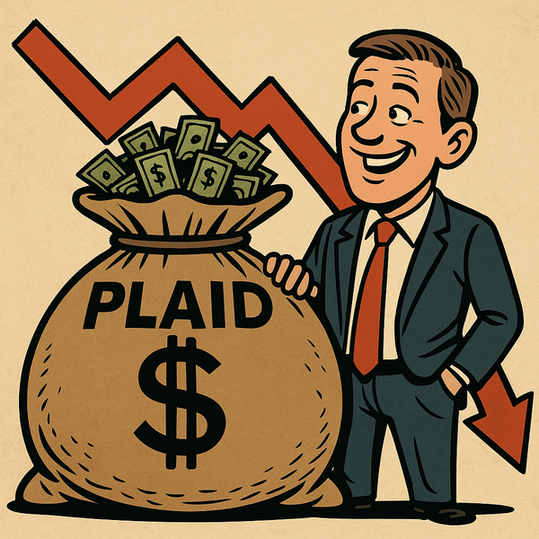 Guy standing next to a bag of money with PLAID written on it