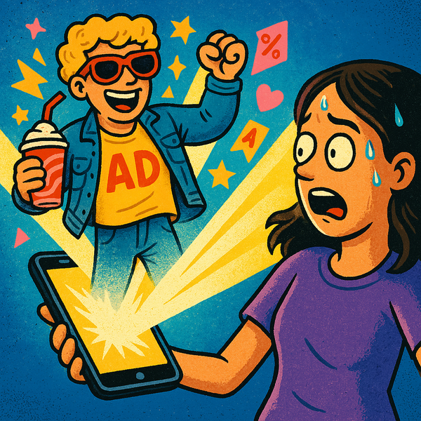 A person gazes into their phone as a blinding beam of light erupts, transforming them into a living ad.