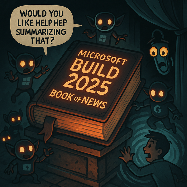 Cartoon AI gremlins swarm a glowing “Build 2025” book as a man is sucked into an Azure vortex.