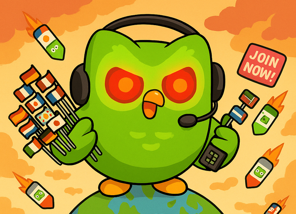 A giant, cartoonish Duo the Owl (with glowing AI eyes) sitting on top of a spinning globe, clutching 148 tiny language flags in its wings