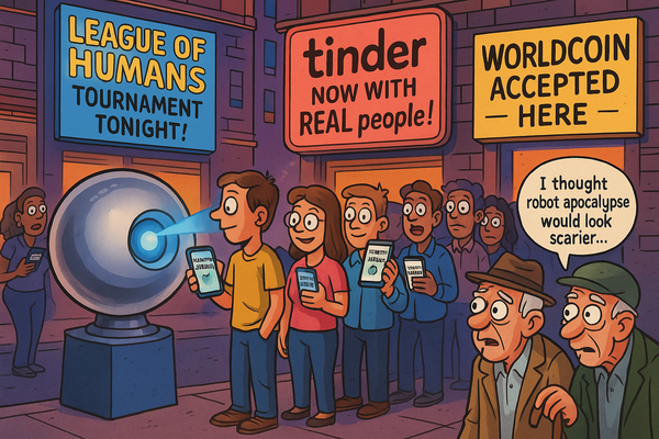  a massive line of wide-eyed Americans queued up at a glowing silver Orb on a street corner.