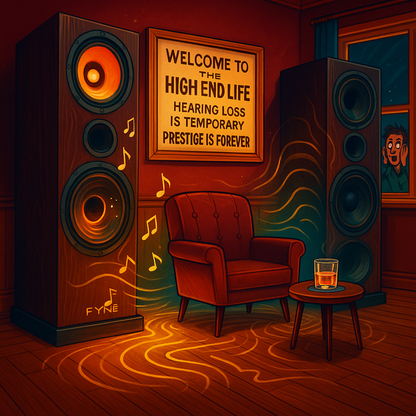 A ridiculously overpowered home speaker setup blasting shockwaves through a living room, while a sign on the wall sarcastically declares audio elitism.