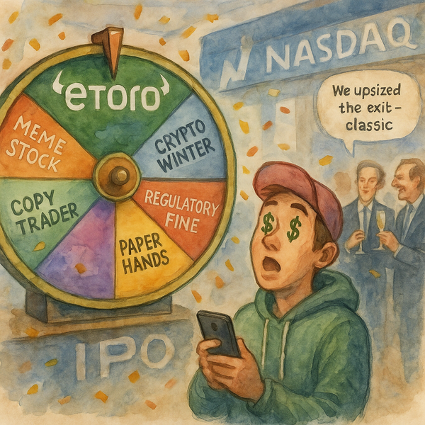 Watercolor illustration of a Nasdaq trading floor with a giant eToro-branded roulette wheel labeled with options like "Meme Stock," "Crypto Winter," "Regulatory Fine." 