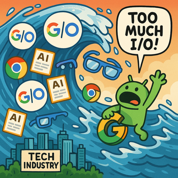 Cartoon Android mascot clings to a “G” lifebuoy as a wave of Google I/O icons floods a city labeled “Tech Industry.”
