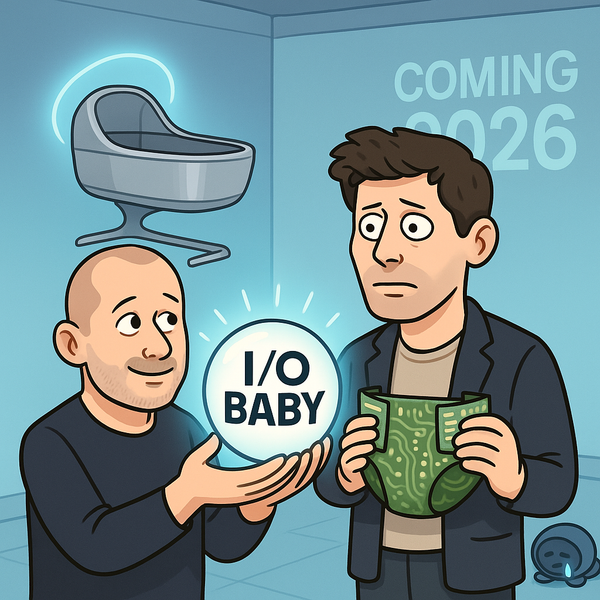 Sam Altman and Jony Ive in a futuristic nursery holding a glowing orb labeled “I/O BABY.”