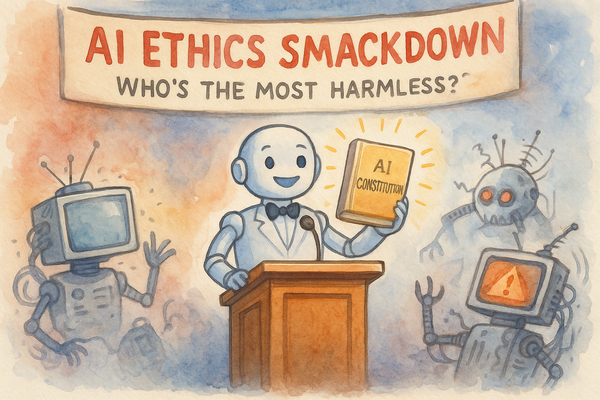 A cartoon robot holds a glowing AI Constitution book at an AI ethics debate podium.