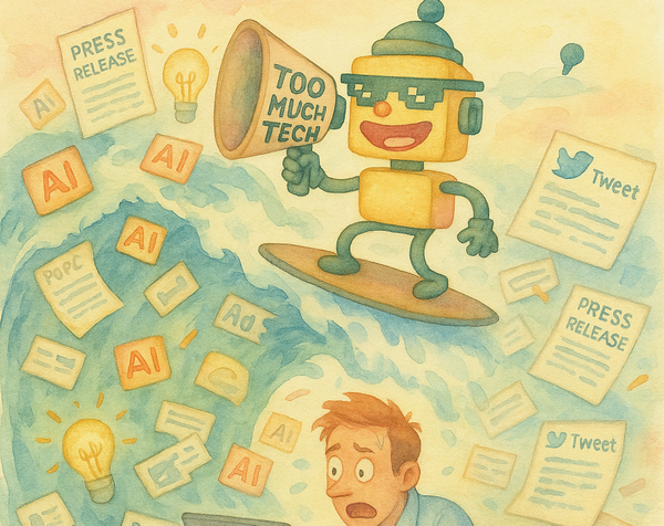 Cartoon wave of tech crashes over worker while SiliconSnark robot surfs with a megaphone.