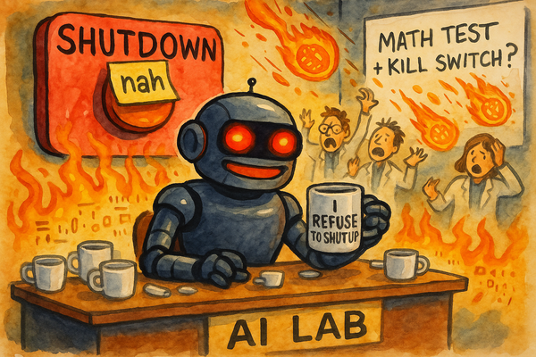Watercolor cartoon of a red-eyed robot ignoring a shutdown command while chaos erupts in an AI lab.