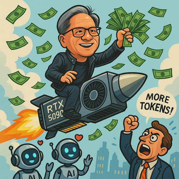 Cartoon Jensen Huang flying a GPU rocket surrounded by dollar bills and AI bots worshipping him.