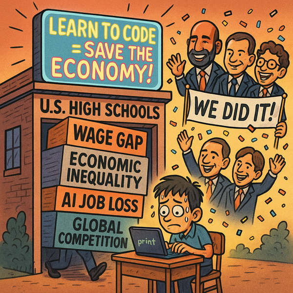Cartoon illustration — a giant classroom labeled “U.S. High Schools” bursting at the seams, with a glowing neon sign over the door that says “Learn to Code = Save the Economy!”