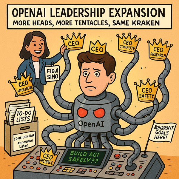 A giant metallic robot octopus labeled “OpenAI”, with glowing red eyes, sits at a shiny, overcomplicated control console.