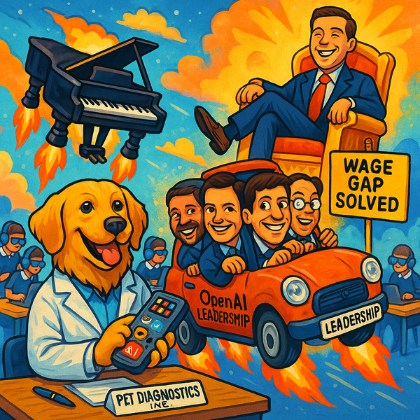  A satirical cartoon illustration showing a golden retriever in a lab coat at a desk labeled “Pet Diagnostics Inc.” holding a futuristic device, symbolizing fake pet medtech. 