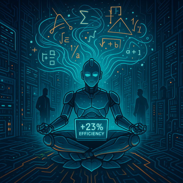 A Tron-style robot meditates in a server room as glowing math symbols and a “+23% Efficiency” hologram float around it.