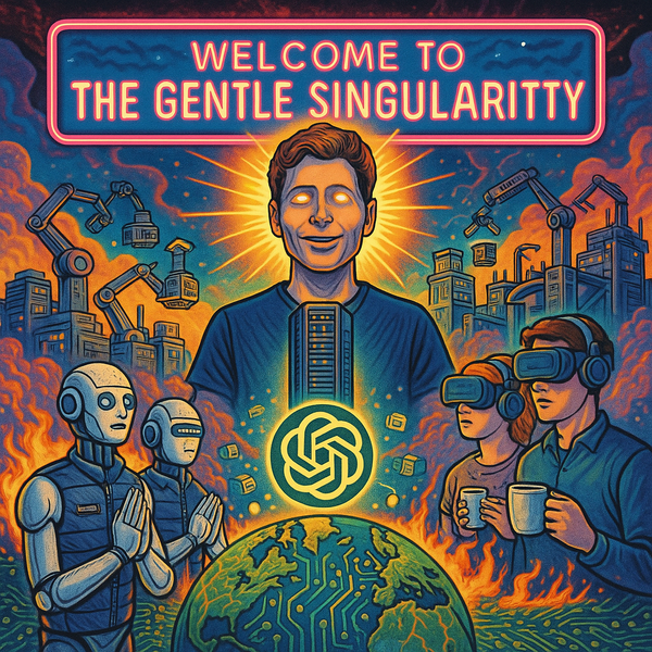 Sam Altman as a glowing techno-prophet above a circuit-board Earth, surrounded by worshipping robots and datacenters.