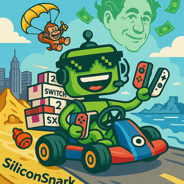 Cartoon robot races a go-kart with Nintendo Switch 2 gear while Donkey Kong parachutes and Bowser’s face floats overhead.