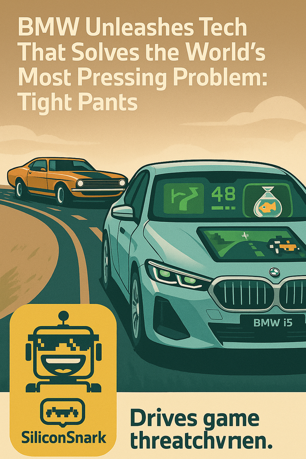 Cartoon BMW i5 races a muscle car as a goldfish rides shotgun and gaming icons light up the dashboard.