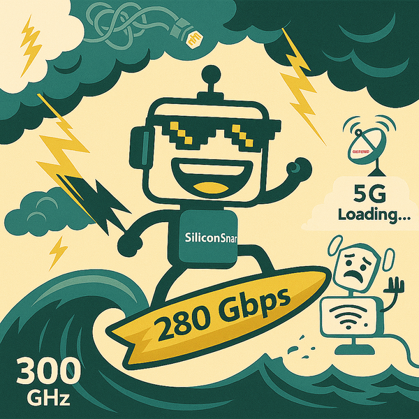 Robot surfs a 300 GHz data wave on a “280 Gbps” board while Wi-Fi struggles in the background.