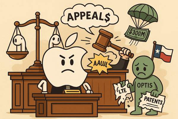 Apple wins appeal as $300M floats away from sad Optis mascot in cartoon courtroom.