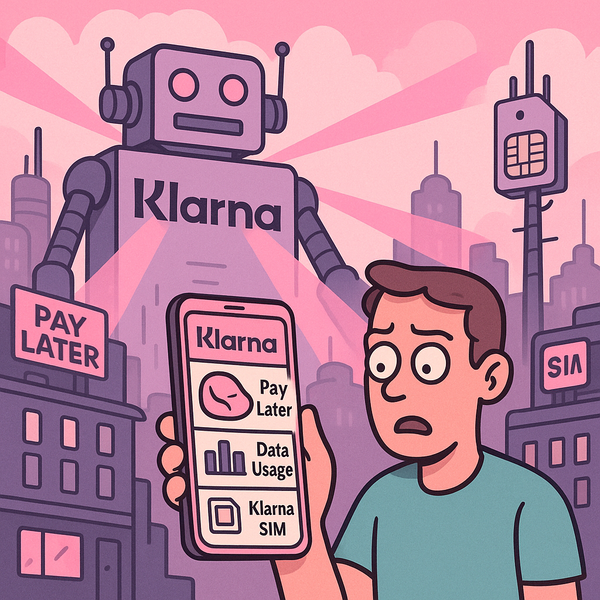 Cartoon of a person shocked by Klarna app features while a giant Klarna robot looms over a futuristic city.