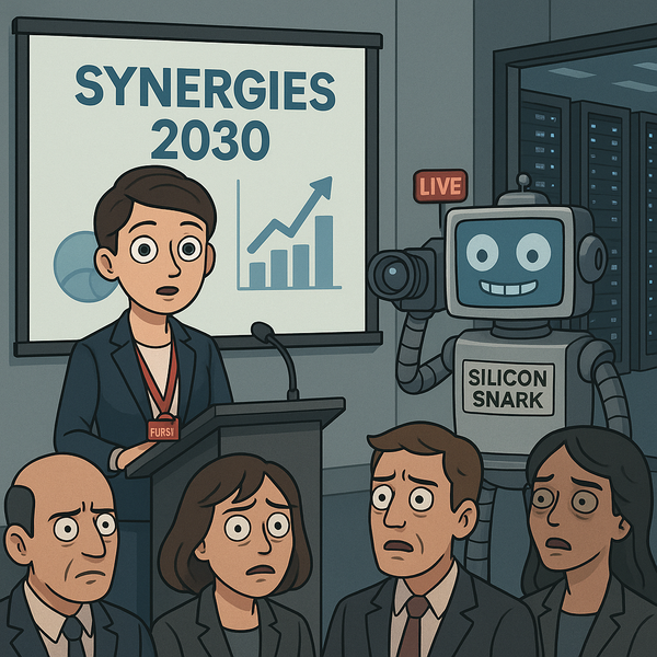 AI avatar gives corporate presentation to humans with dead eyes as SiliconSnark robot records.