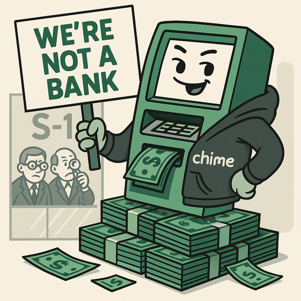 Cartoon Chime ATM holding a protest sign while regulators look on.